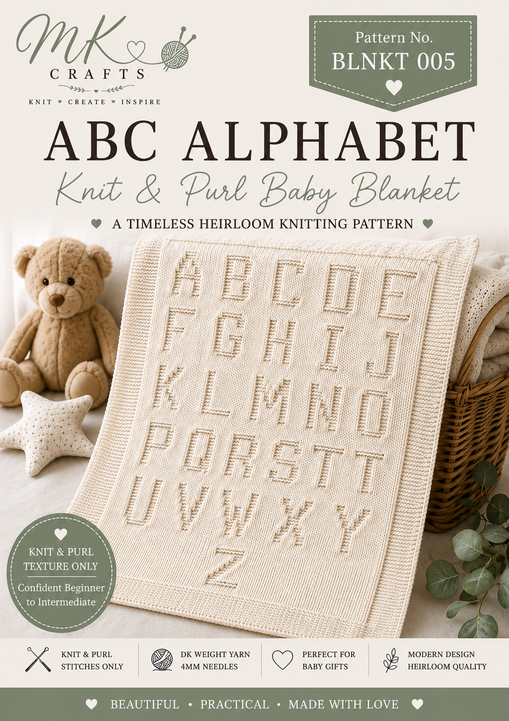 ABC Alphabet Knit & Purl Baby Blanket Knitting Pattern PDF | Easy Baby Blanket | Nursery Blanket | ABC Blanket | Digital Download