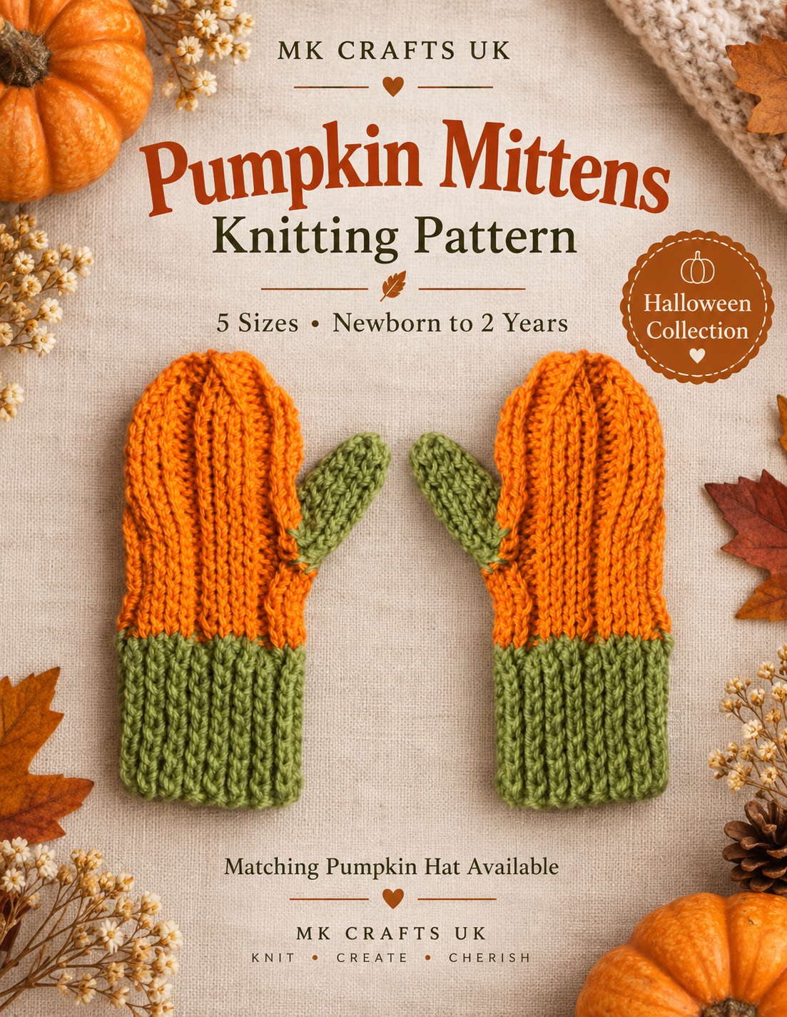 Pumpkin Mittens Knitting Pattern | Baby & Toddler Mittens | Knit Flat | Newborn to 2 Years