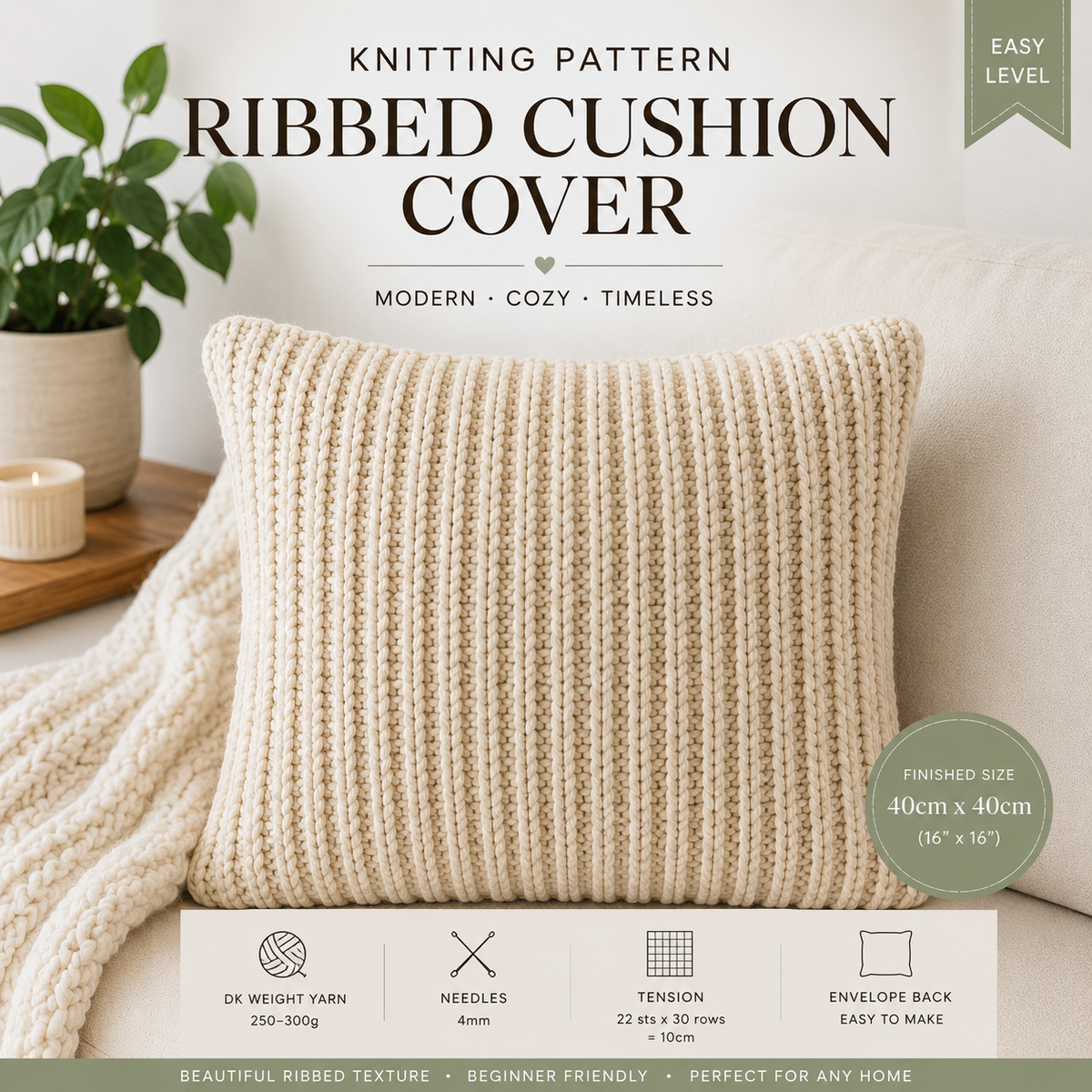 Ribbed Cushion Cover Knitting Pattern PDF | Easy Knit Pillow Cover | Envelope Back Cushion Pattern | Modern Home Decor | 40cm x 40cm