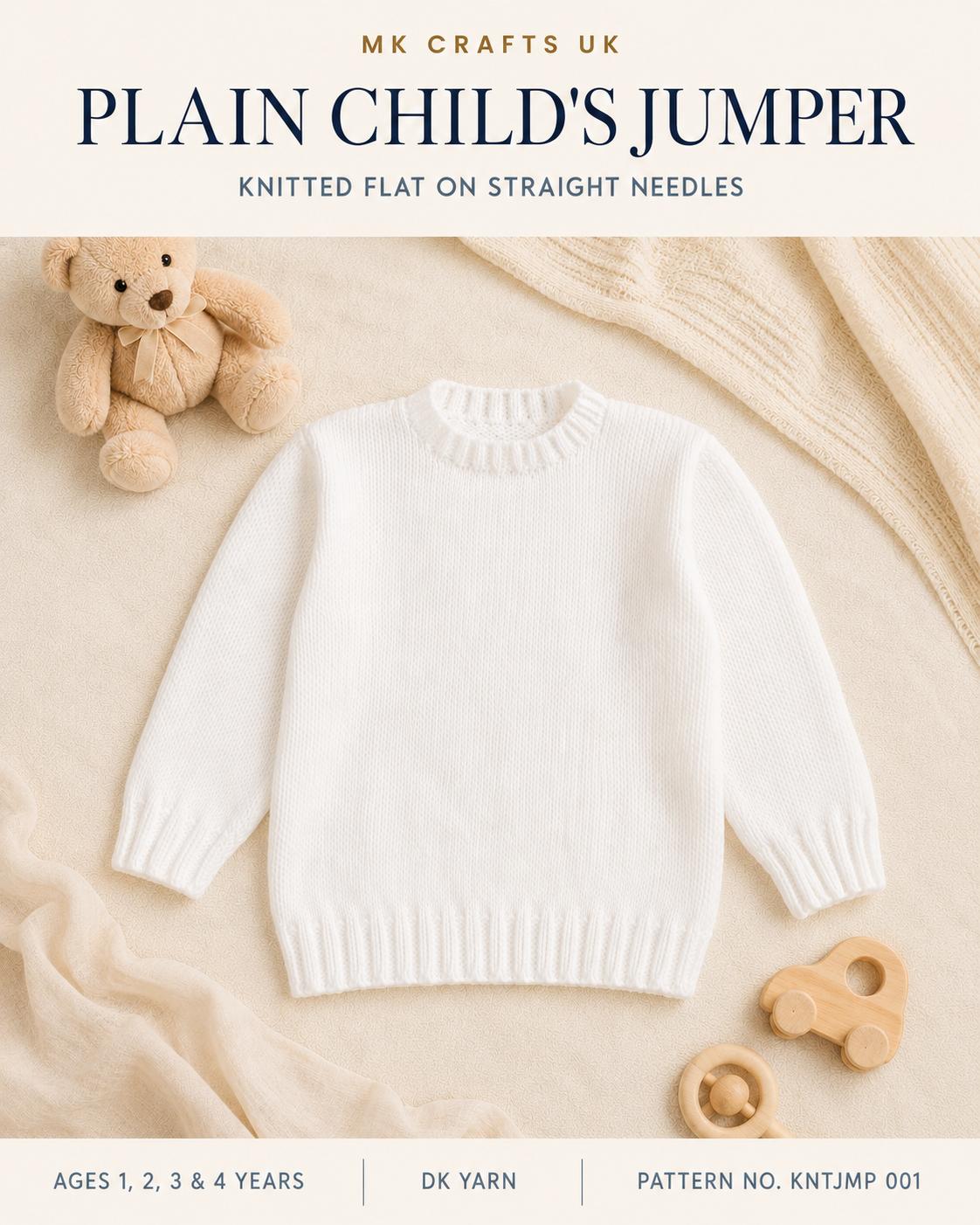 Child’s Jumper Knitting Pattern, Knit Flat on Straight Needles, DK Toddler Sweater, Ages 1–4 Years, PDF Download