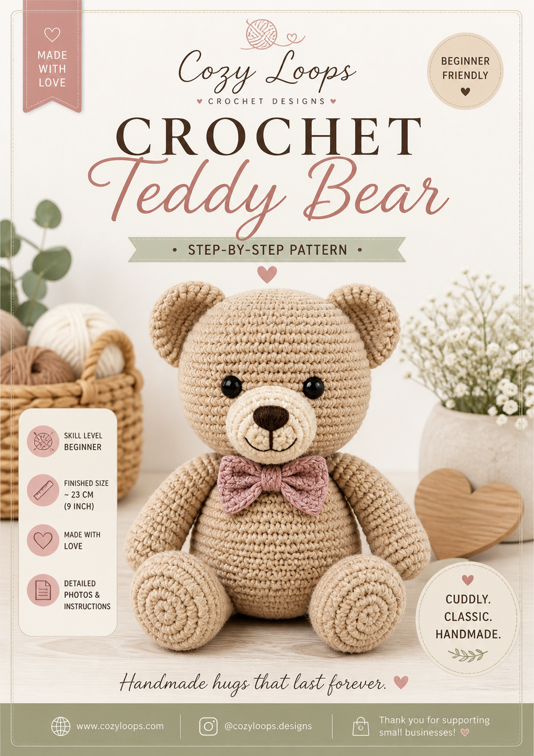Crochet Teddy Bear Pattern PDF | Amigurumi Bear Tutorial | Beginner Friendly | DIY Plush Toy Gift
