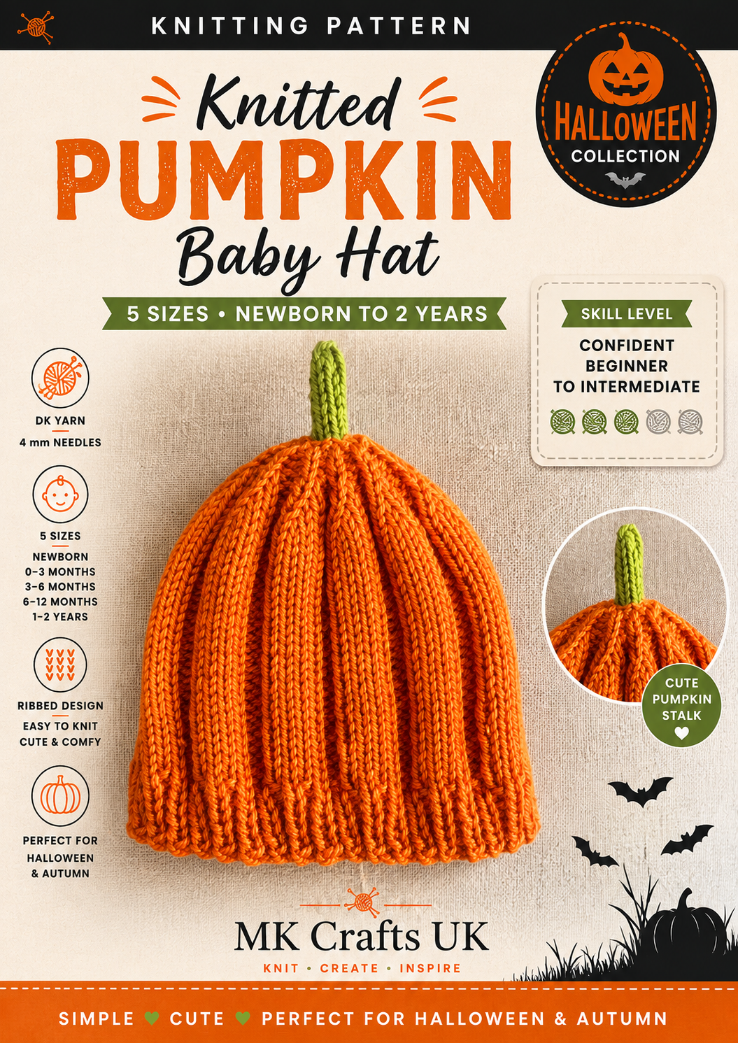 🎃 Knitted Pumpkin Baby Hat Pattern – 5 Sizes | Halloween & Autumn Knitting Pattern