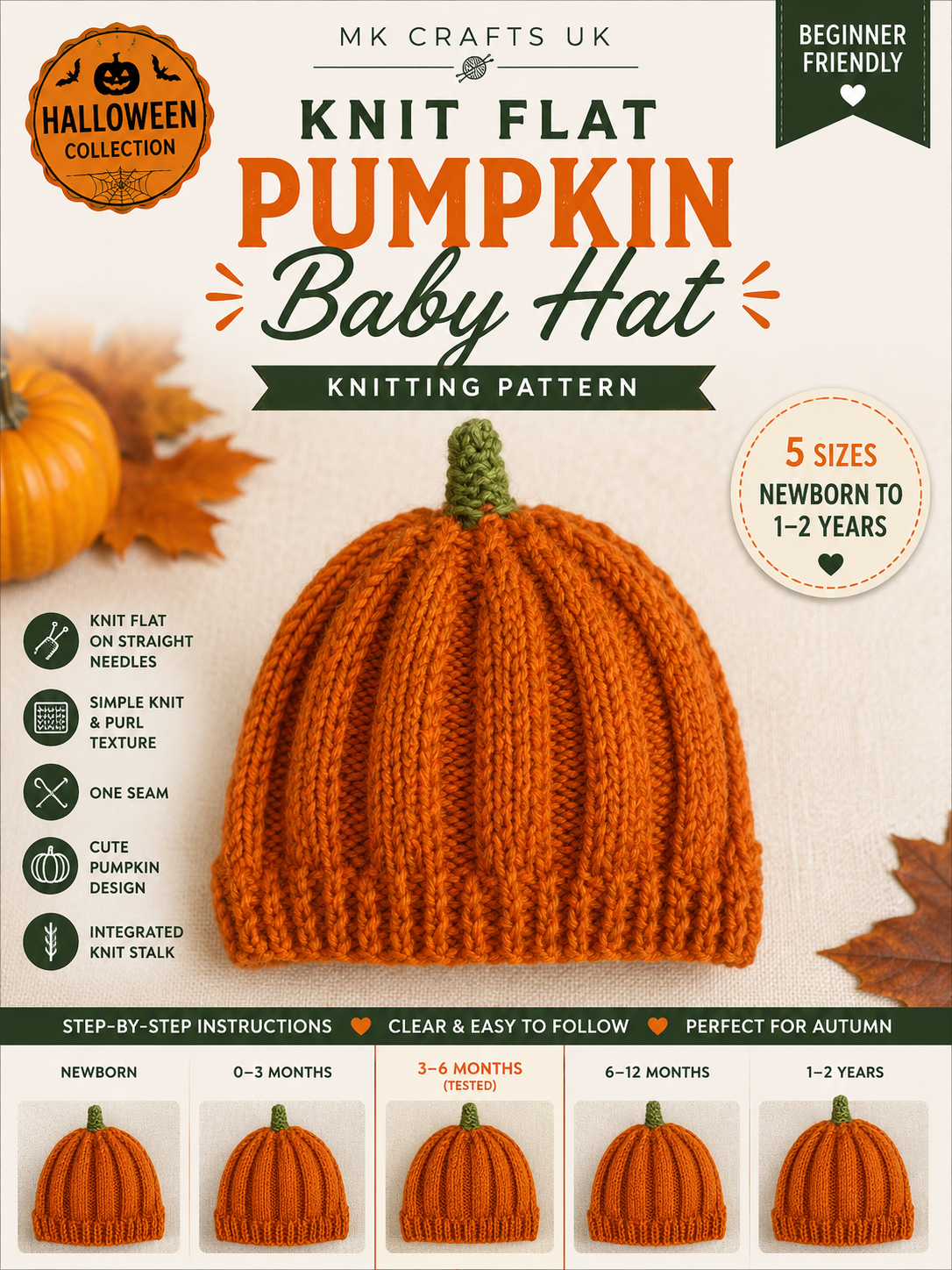 Knit Flat Pumpkin Baby Hat Knitting Pattern – 5 Sizes | Beginner Friendly