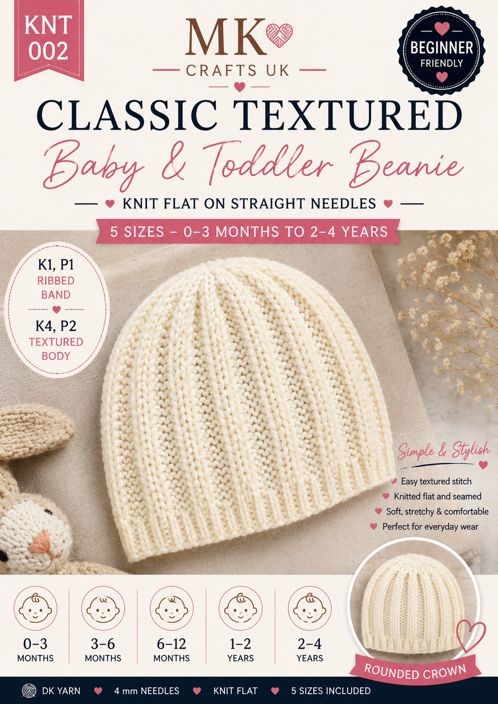 Classic Ribbed Baby Beanie Knitting Pattern – 5 Sizes – Knit Flat