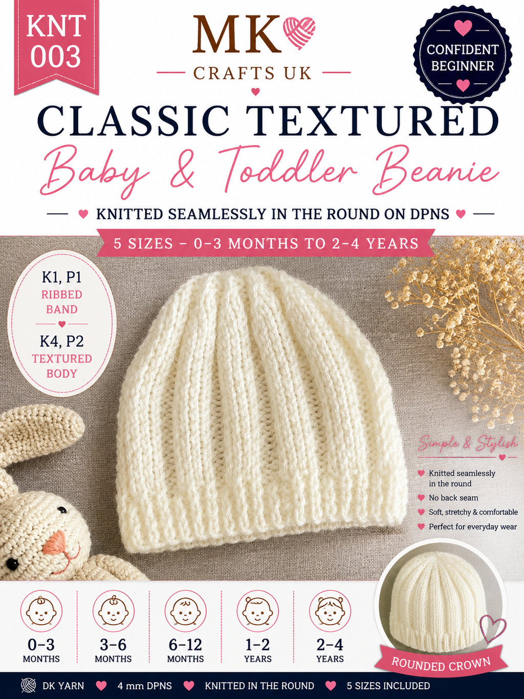 Classic Textured Baby & Toddler Beanie – Knitting Pattern | 5 Sizes | Knitted in the Round