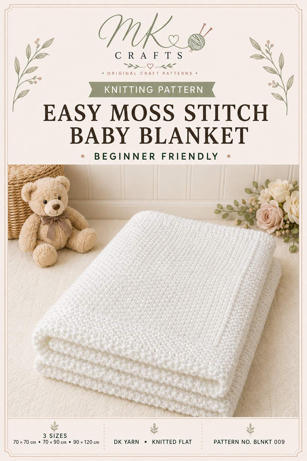Easy Moss Stitch Baby Blanket Knitting Pattern, 3 Sizes, DK Yarn, Beginner-Friendly Pram and Cot Blanket PDF