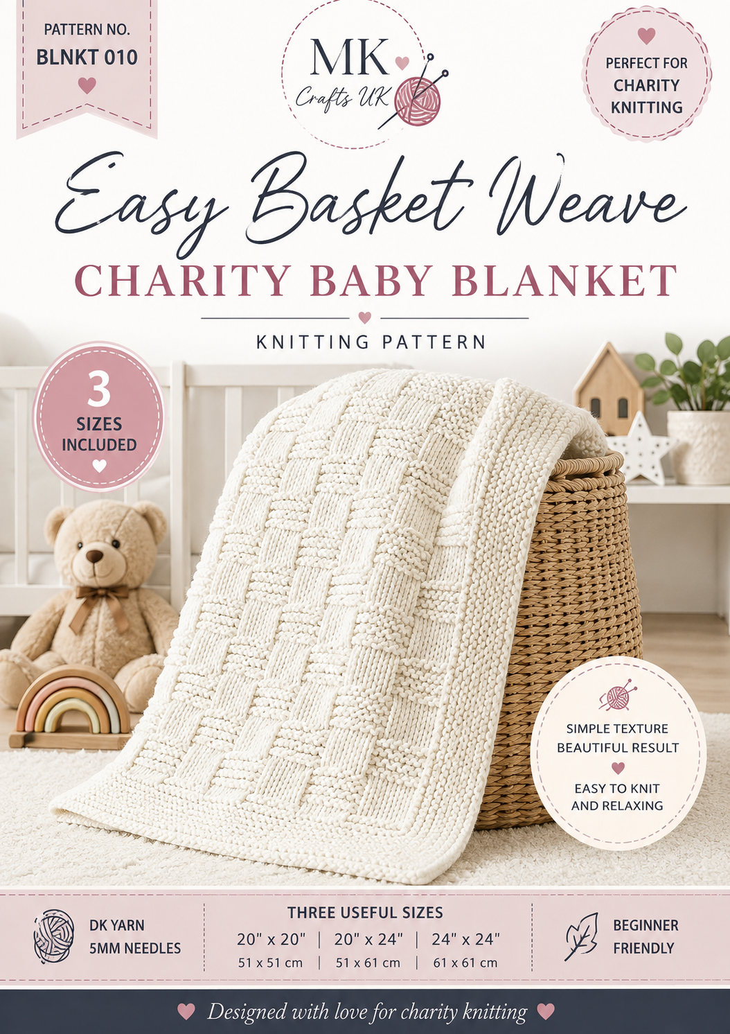 Easy Basket Weave Charity Baby Blanket Knitting Pattern – 3 Sizes – Beginner DK Baby Blanket