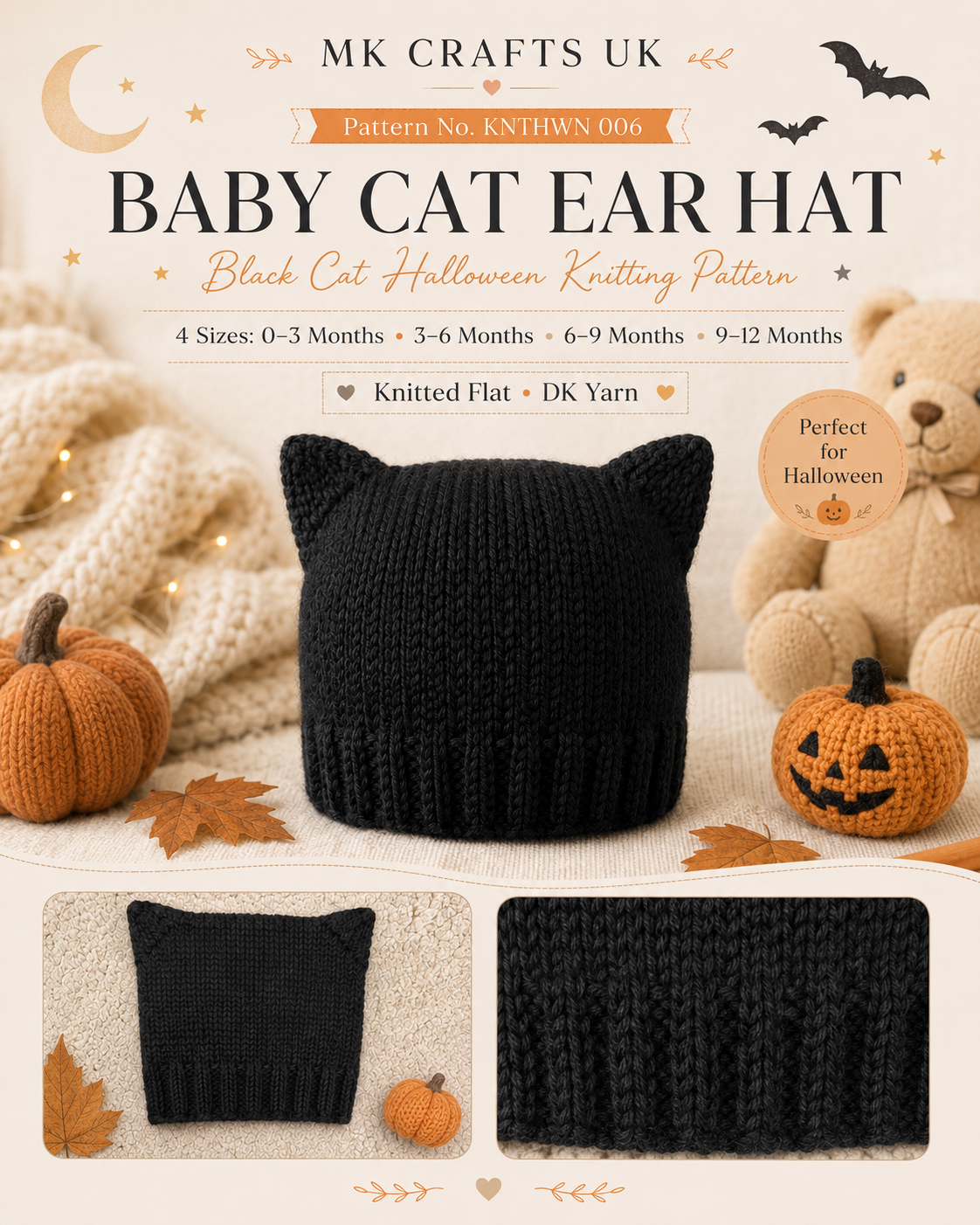 Baby Cat Ear Hat Knitting Pattern | Black Cat Halloween Baby Hat | Knit Flat DK Pattern | 0–12 Months Beginner friendly