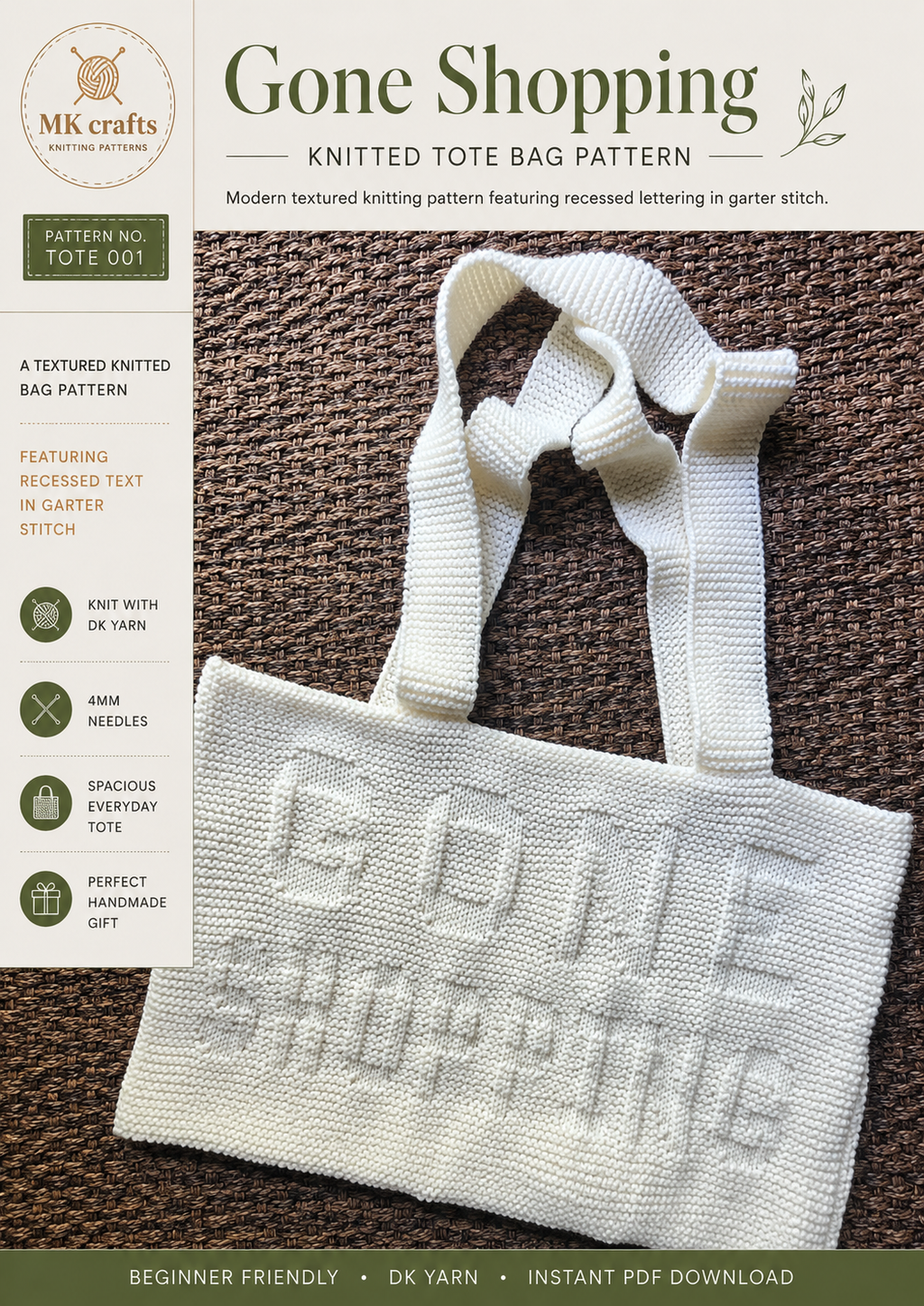 Knitting Pattern Tote Bag Gone Shopping, Beginner Knit Bag Pattern, Easy Market Bag Pattern, DIY Knit Tote, Simple Knitting PDF Pattern