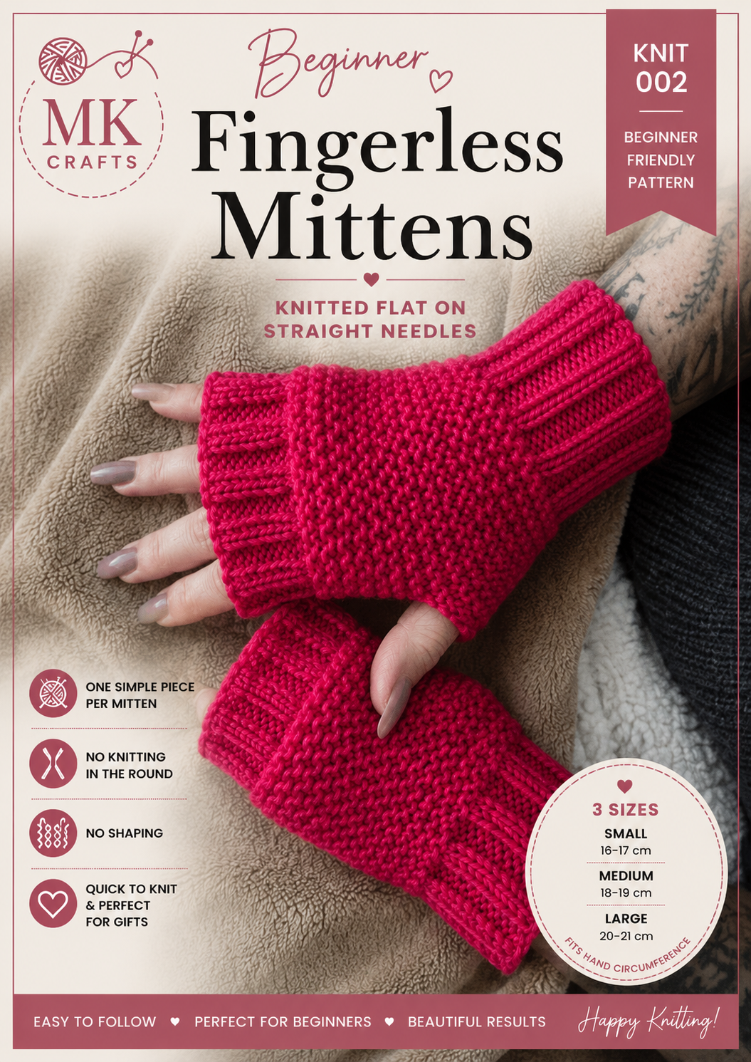 Beginner Fingerless Mittens Knitting Pattern (PDF) | Knitted Flat on Straight Needles | Easy Fingerless Gloves | 3 Sizes Included