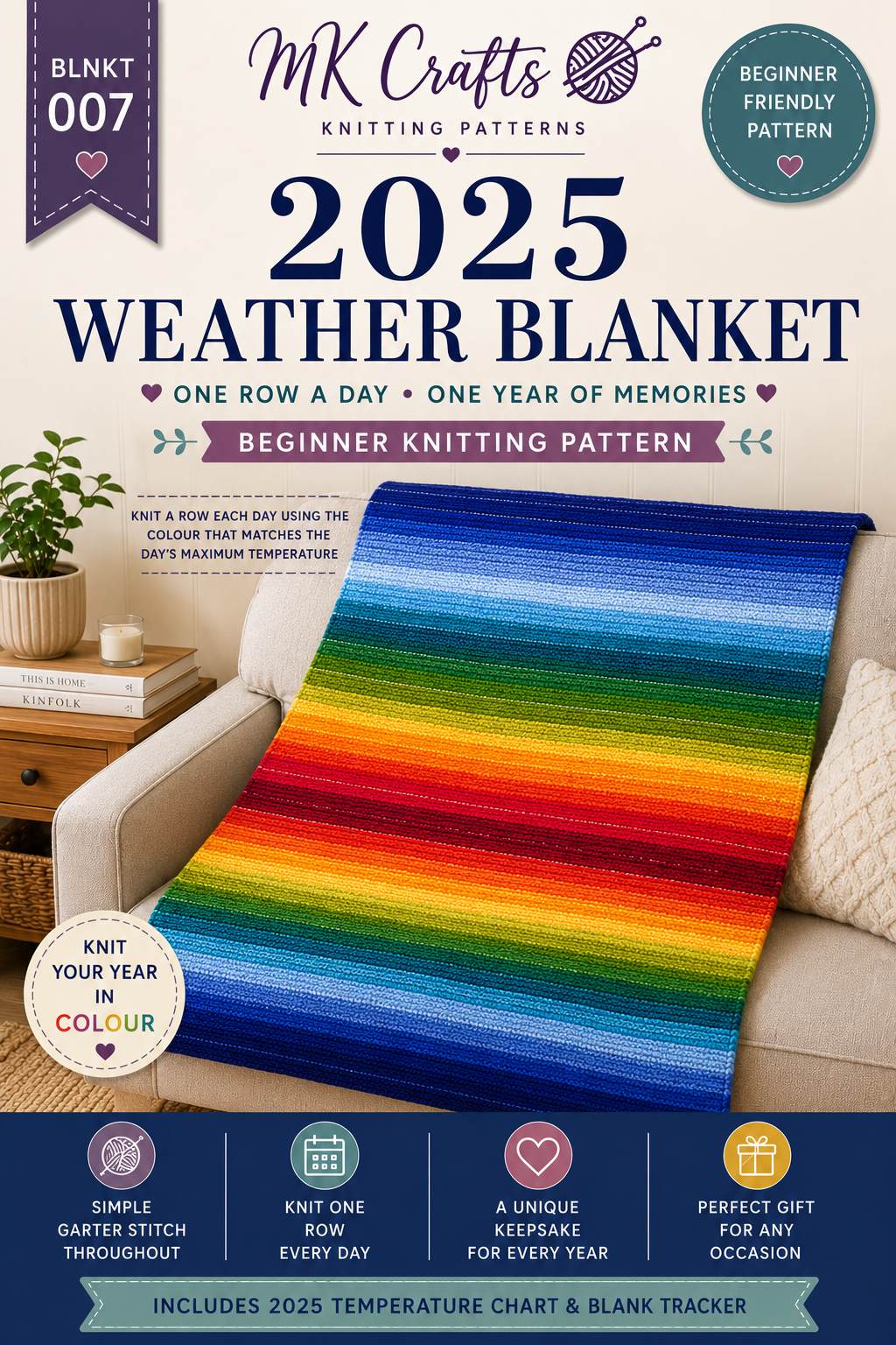 2025 Weather Blanket Knitting Pattern PDF | Beginner Temperature Blanket | One Row Per Day | Custom Year & Location Available