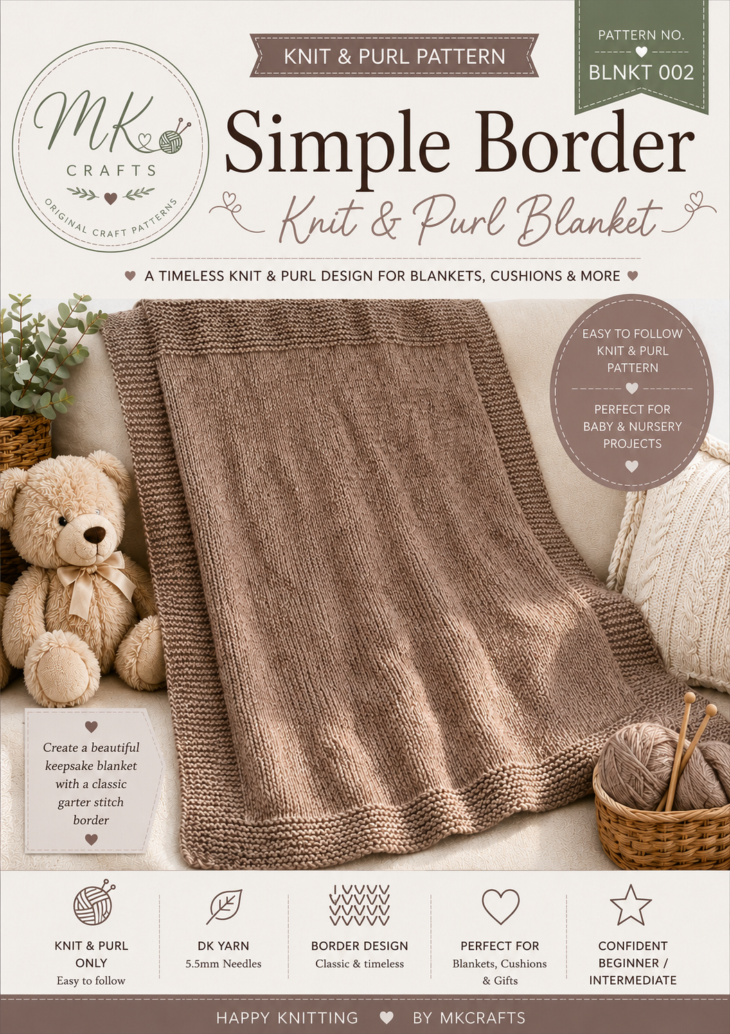 Easy Baby Border Blanket Knitting Pattern, Beginner Knit Blanket, Baby Shower Gift Pattern, Simple Knit Blanket PDF, Baby Blanket