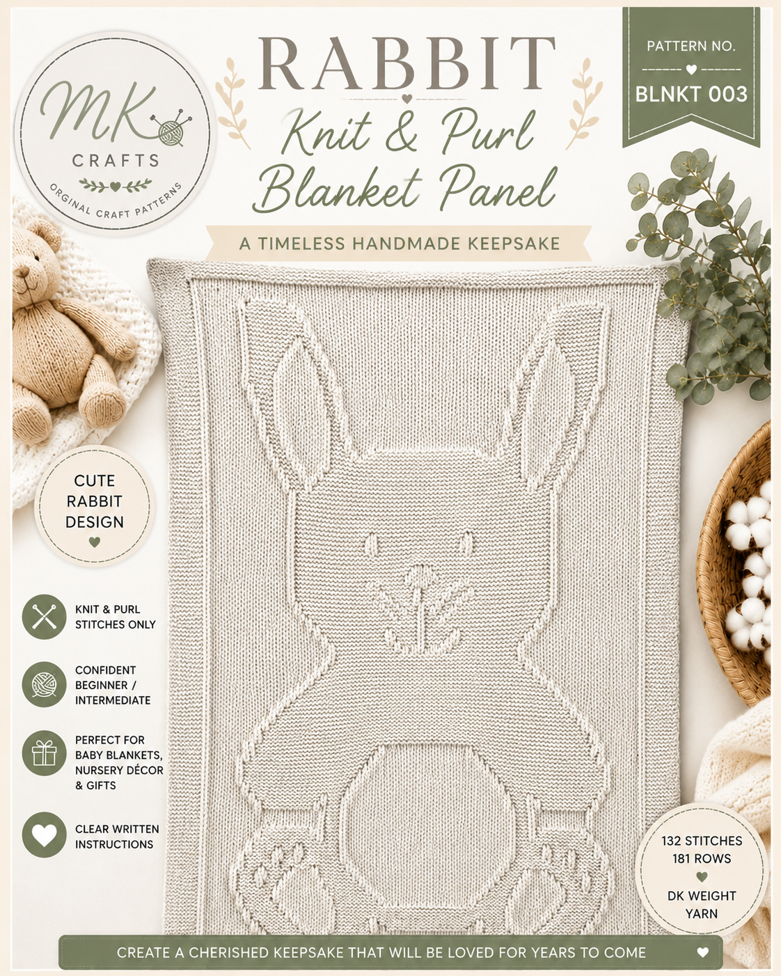 Rabbit Knit & Purl Blanket Panel Knitting Pattern PDF | Baby Blanket Pattern | Nursery Knit | Teddy Bear Blanket | Instant Download