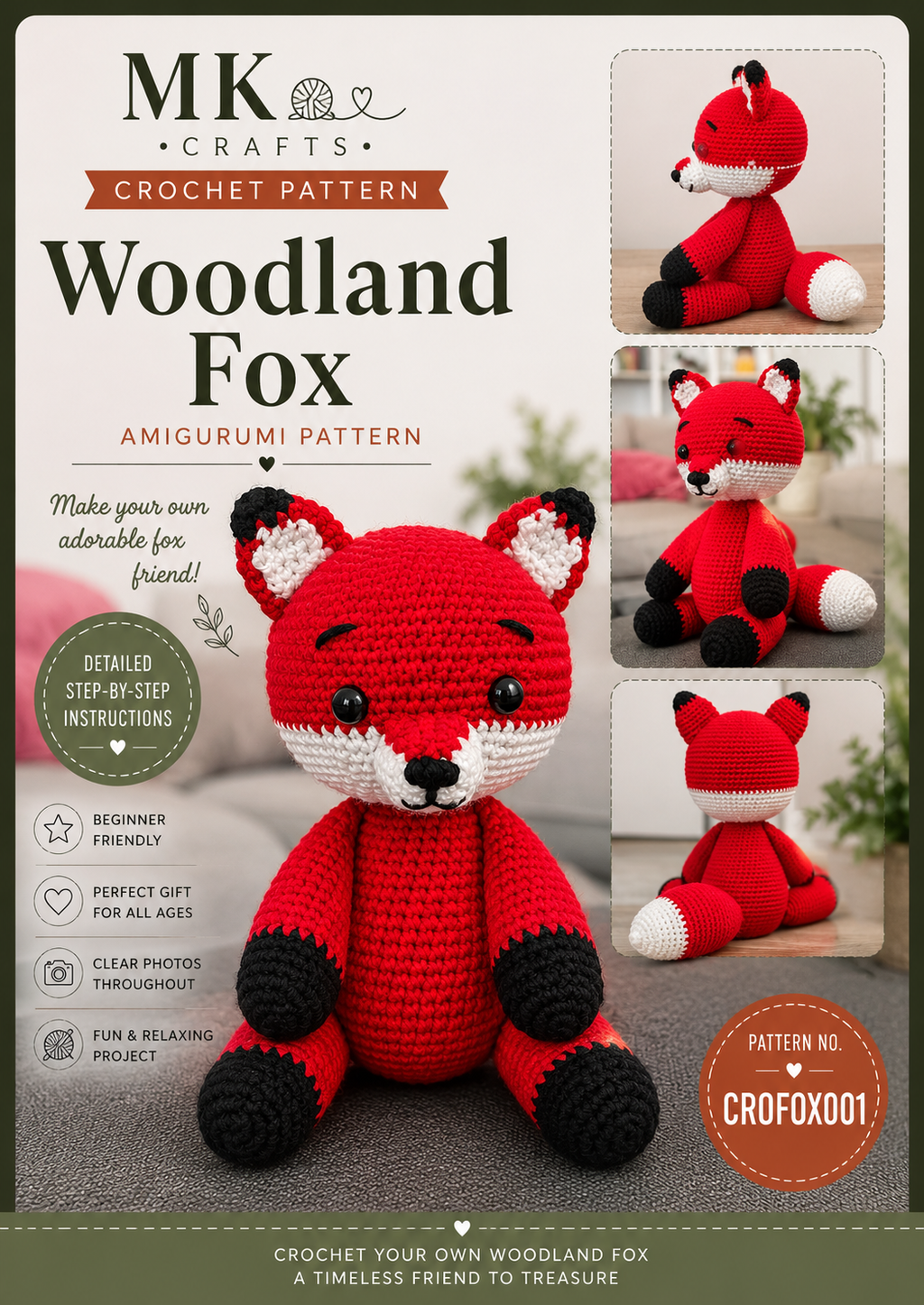 Crochet Fox Pattern | Amigurumi Fox Soft Toy | Woodland Animal Crochet Pattern | Stuffed Fox Plush | Beginner Friendly Crochet Toy