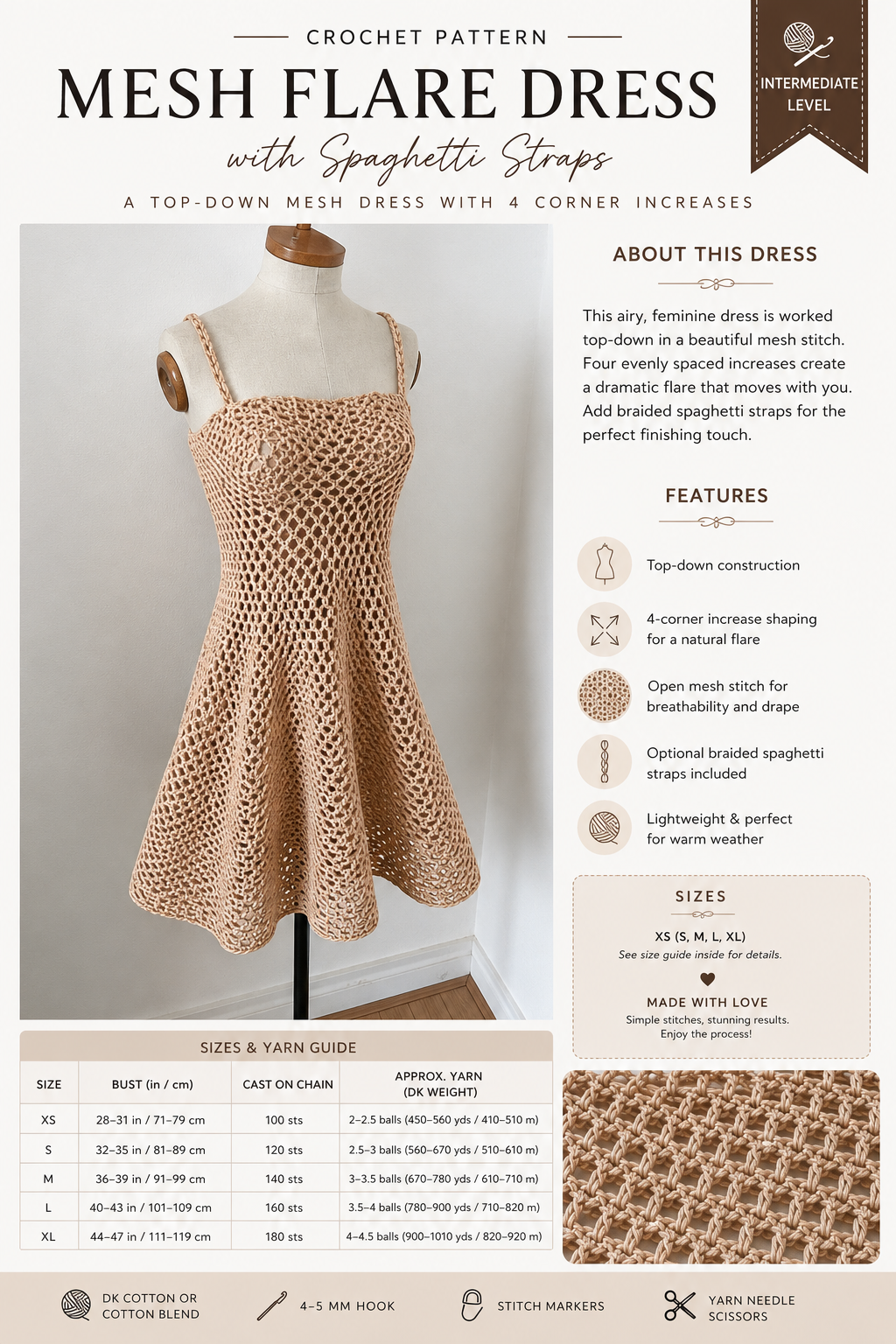 Mesh Flare Dress Crochet Pattern PDF | Top Down Summer Dress | Boho Mesh Sundress | Beach Cover Up | Sizes XS–XL