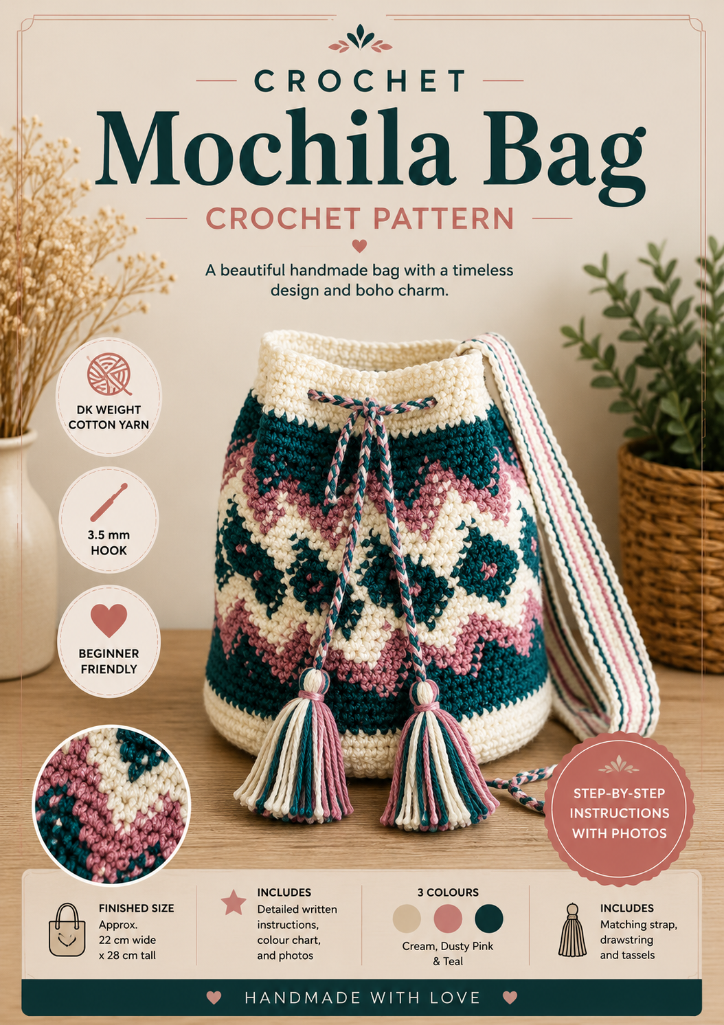 Crochet Mochila Bag Pattern PDF | Boho Crossbody Bag Crochet Pattern | Drawstring Bucket Bag Tutorial | Beginner Friendly Crochet Pattern