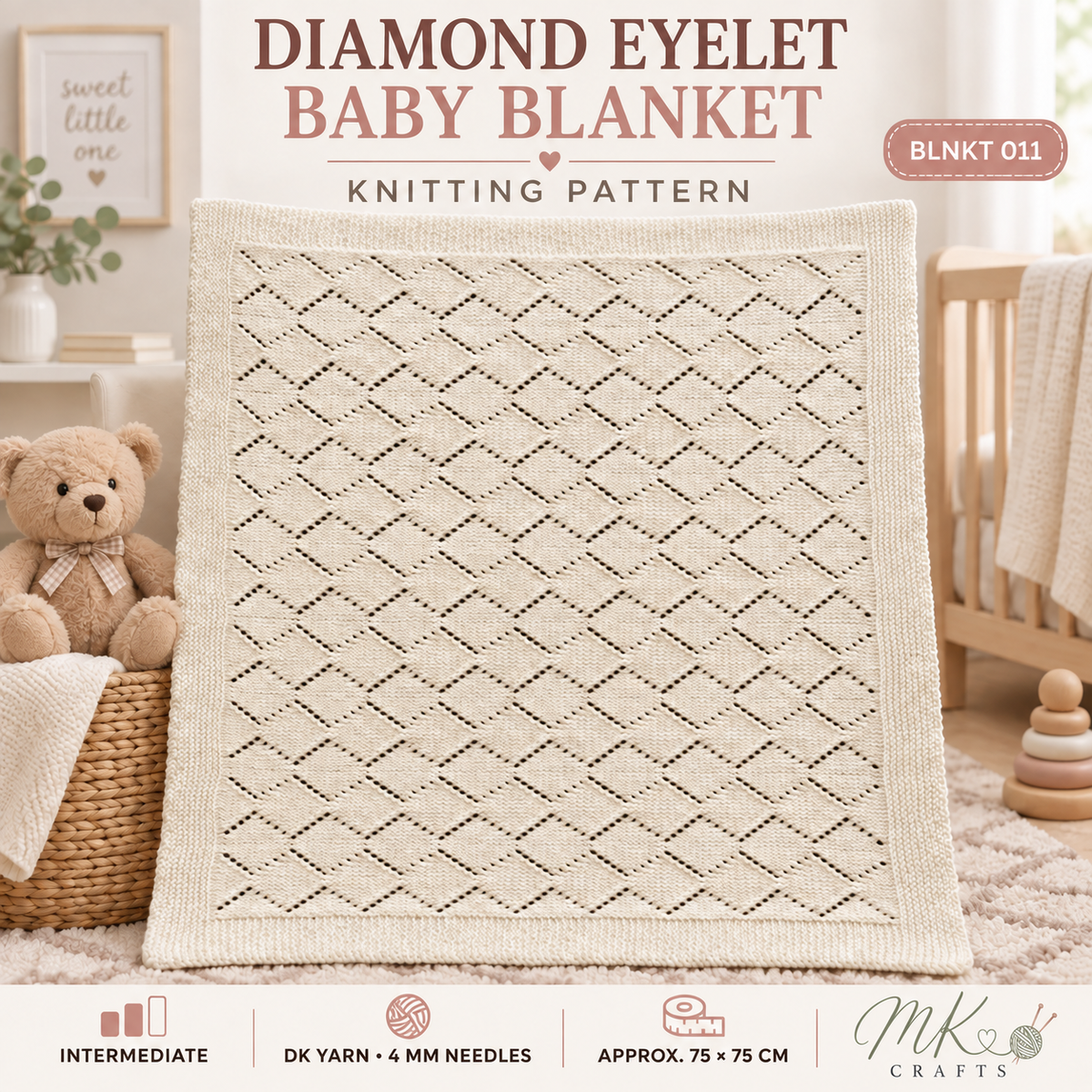 Diamond Eyelet Baby Blanket Knitting Pattern – DK Yarn – BLNKT 011