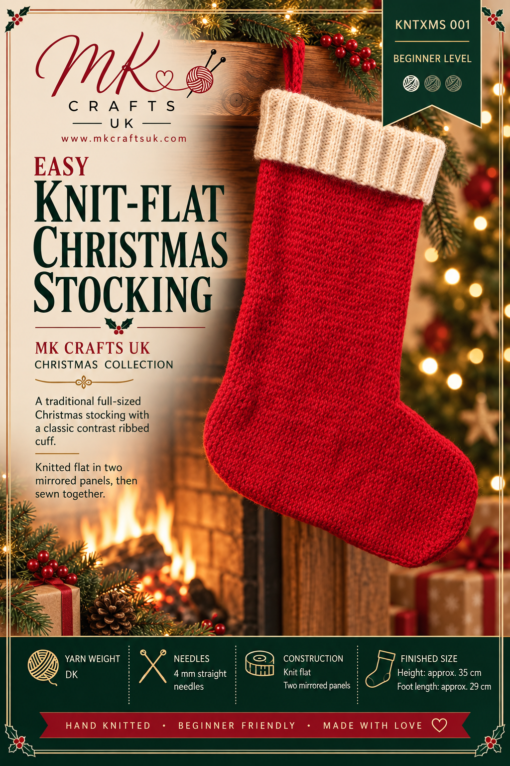 Easy Knit Flat Christmas Stocking Pattern – Beginner DK Knitting Pattern on Straight Needles – Festive Stocking PDF