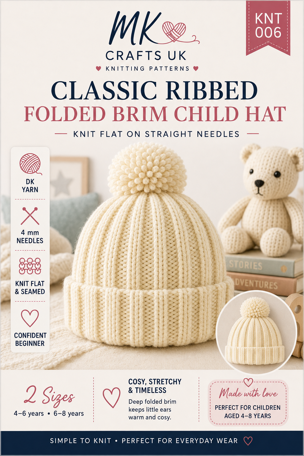 Children’s Hat Knitting Pattern Ages 4–8 Years, Knit Flat Ribbed Bobble Hat, DK Yarn, Straight Needles, PDF