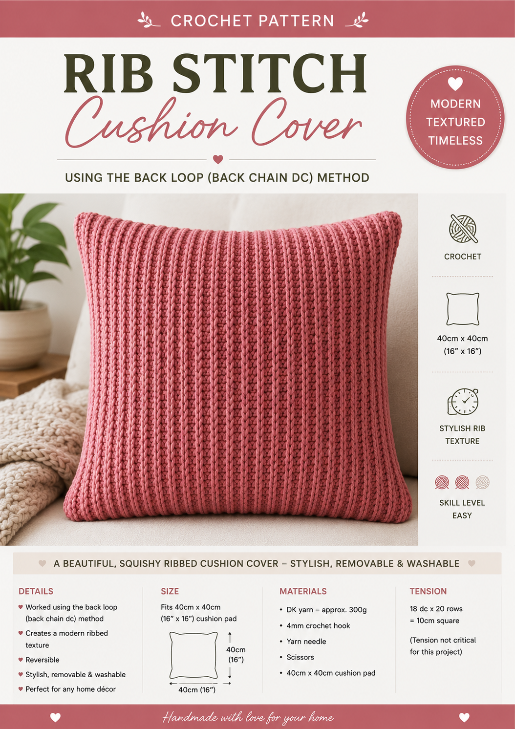 Rib Stitch Crochet Cushion Cover Pattern PDF | Easy Crochet Pillow Cover | Envelope Back Cushion Pattern | Modern Home Decor Crochet Pattern