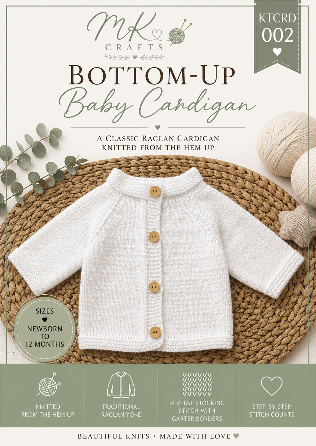 Bottom-Up Baby Cardigan Knitting Pattern PDF | Easy Raglan Baby Cardigan | Newborn to 12 Months | DK Knitting Pattern | Digital Download