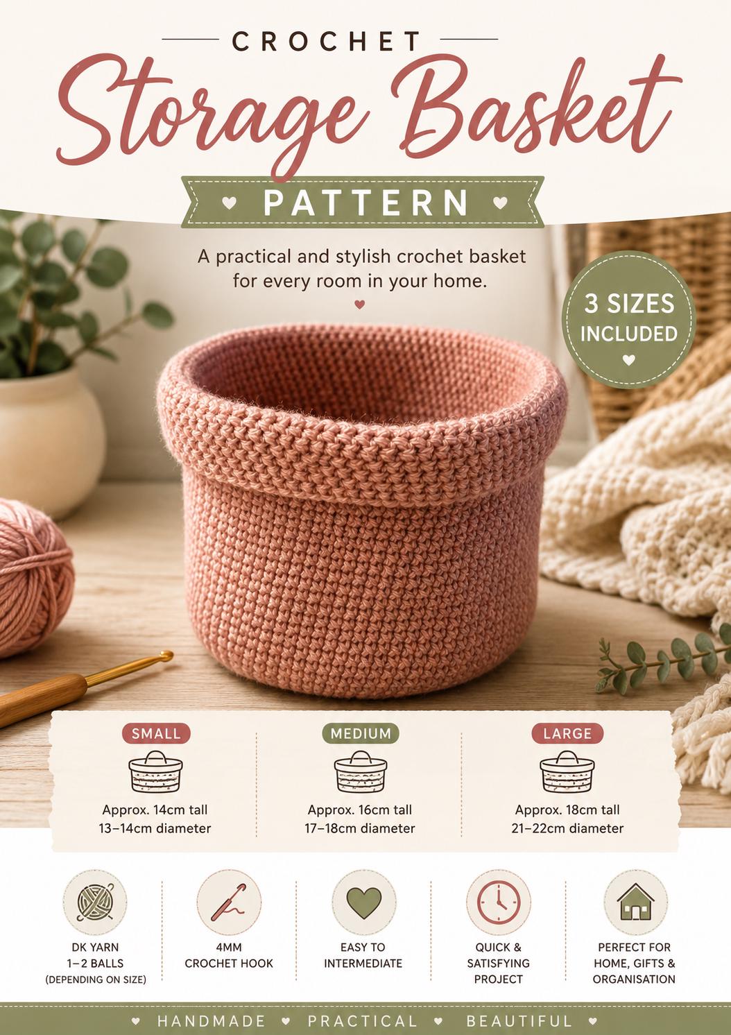Crochet Storage Basket Pattern PDF | 3 Sizes Included | Modern Home Storage Basket Crochet Organiser Nursery Basket Beginner Crochet Pattern